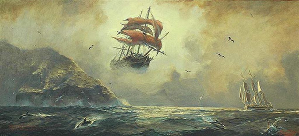 Gemälde eines fliegenden Schiffes mit roten Segeln, in einer düsteren, stürmischen Landschaft